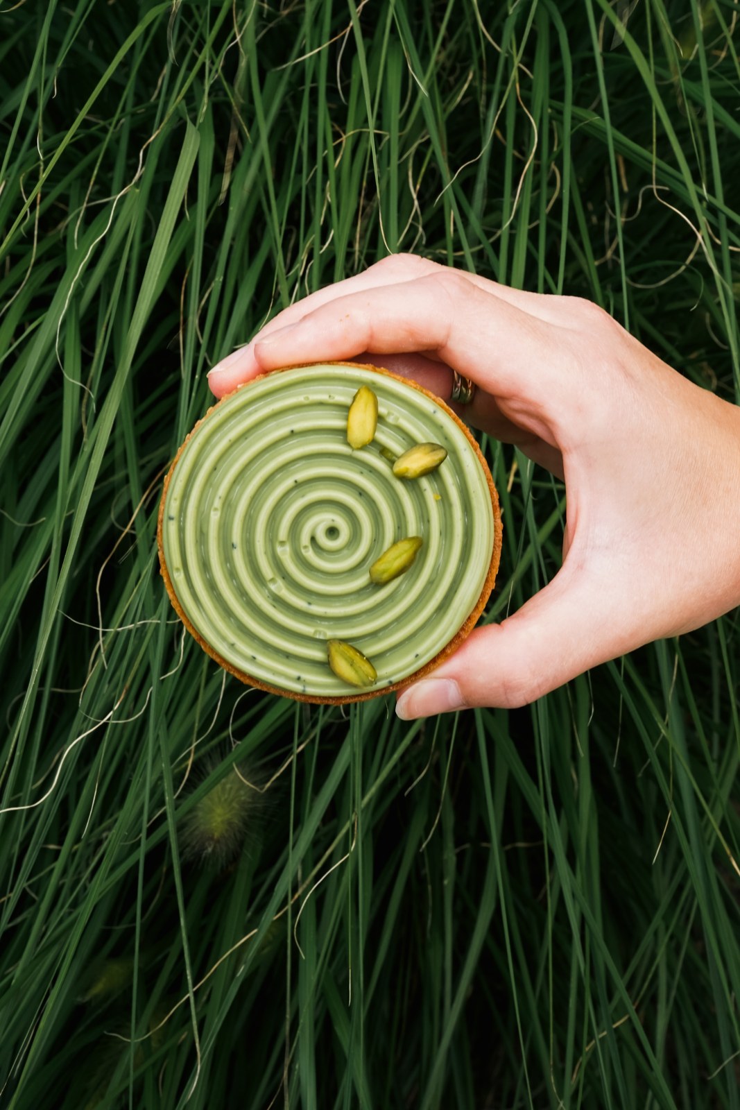 Tartaletka matcha - malina Batida - krucha migdałowa tarta: chrupka matcha, ganache malinowy
