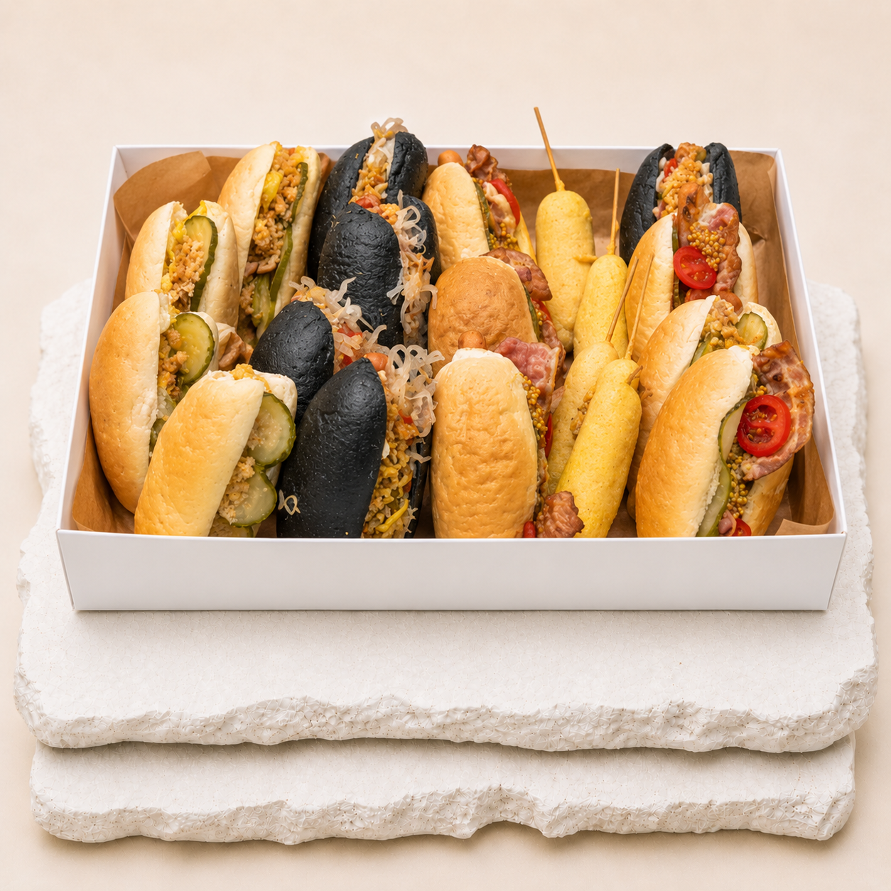 Hot-dog box od Batida – zestaw 20 hot dogów w czterech wariantach: New York, corn dog, BBQ i remoulade, catering