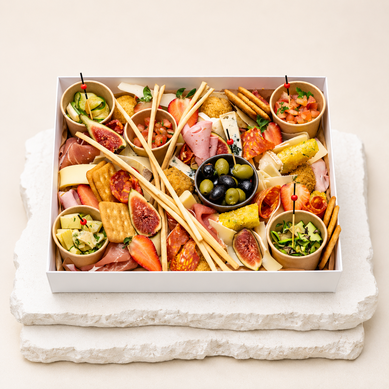 Italian antipasti box od Batida – włoska deska z serami, wędlinami, oliwkami, arancini i owocami, catering