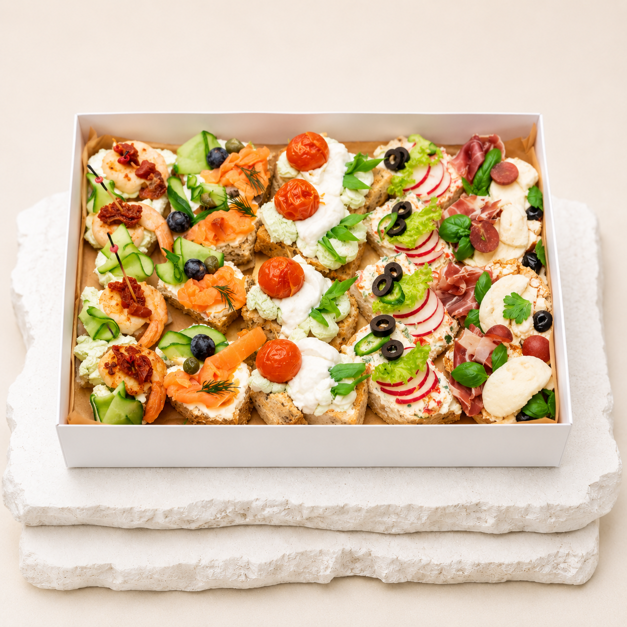 Zestaw kanapek koktajlowych od Batida – 20 mini kanapek z burratą, łososiem, szynką parmeńską i krewetką, catering