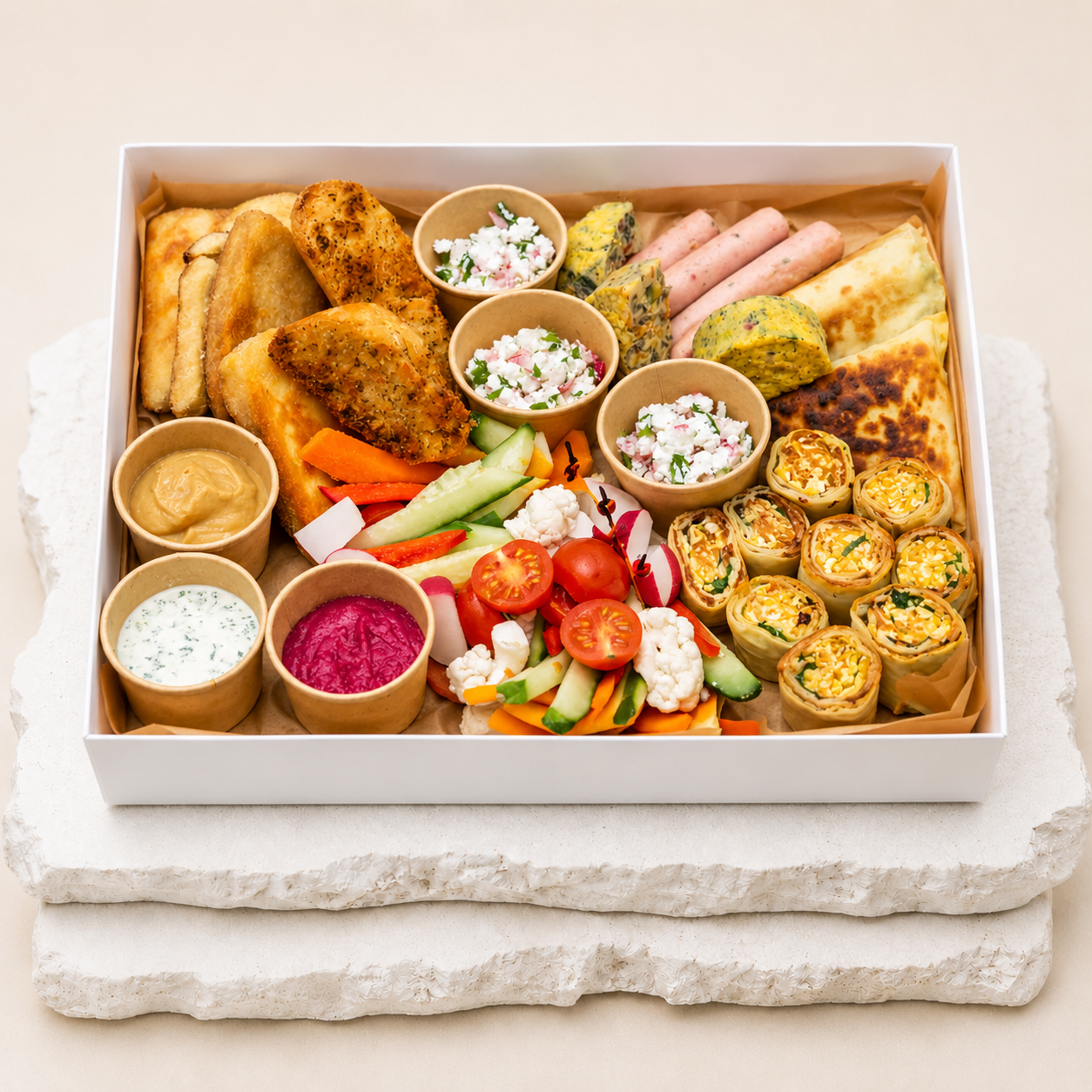 Śniadanie na słono od Batida – box z kiełbaskami, naleśnikami, frittatą, hummusem i świeżymi warzywami, catering