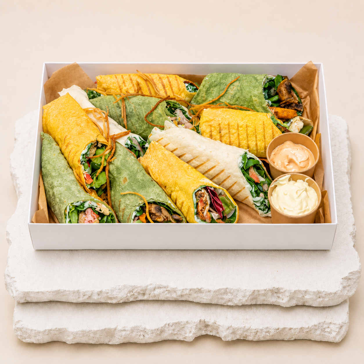 Wrap box od Batida – 10 wrapów w pięciu wariantach: kurczak, chili con carne, halloumi, łosoś i bekon, catering